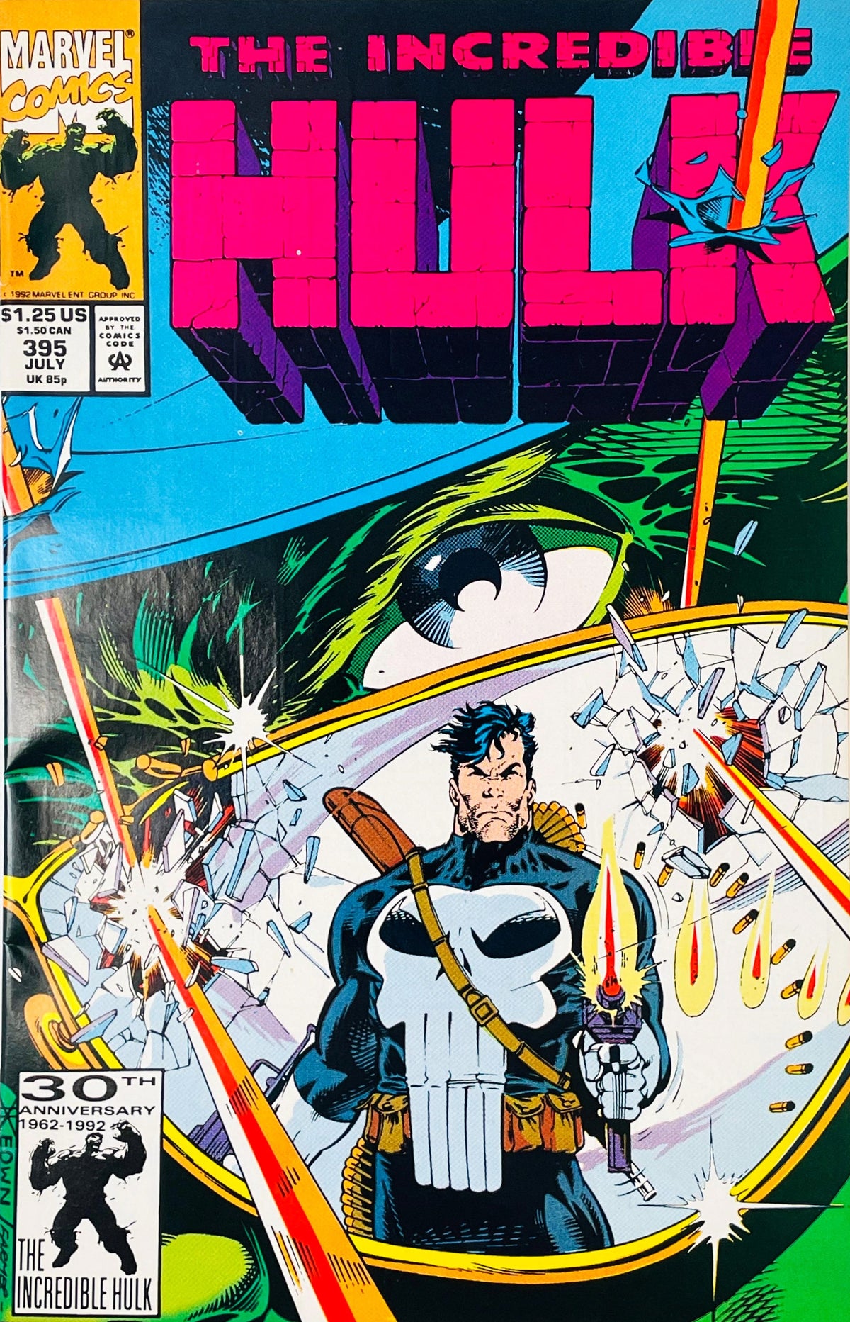 The Punisher firing a gun inside a scope crosshair set against Hulk's close-up eye on Dale Keown cover of issue 395.