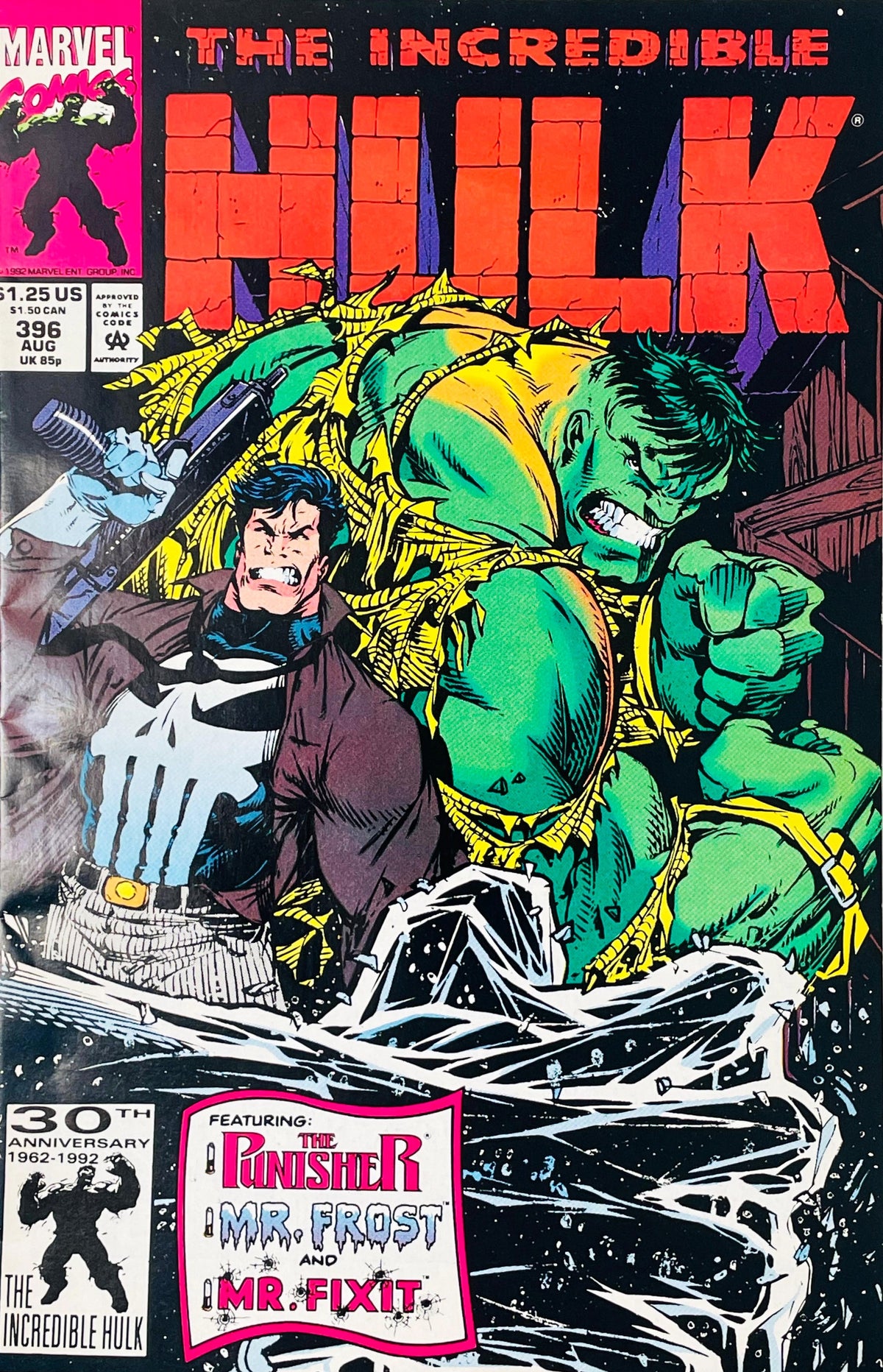 Smart Hulk looming in yellow gear behind The Punisher holding a machine gun on Dale Keown cover of The Incredible Hulk issue 396.