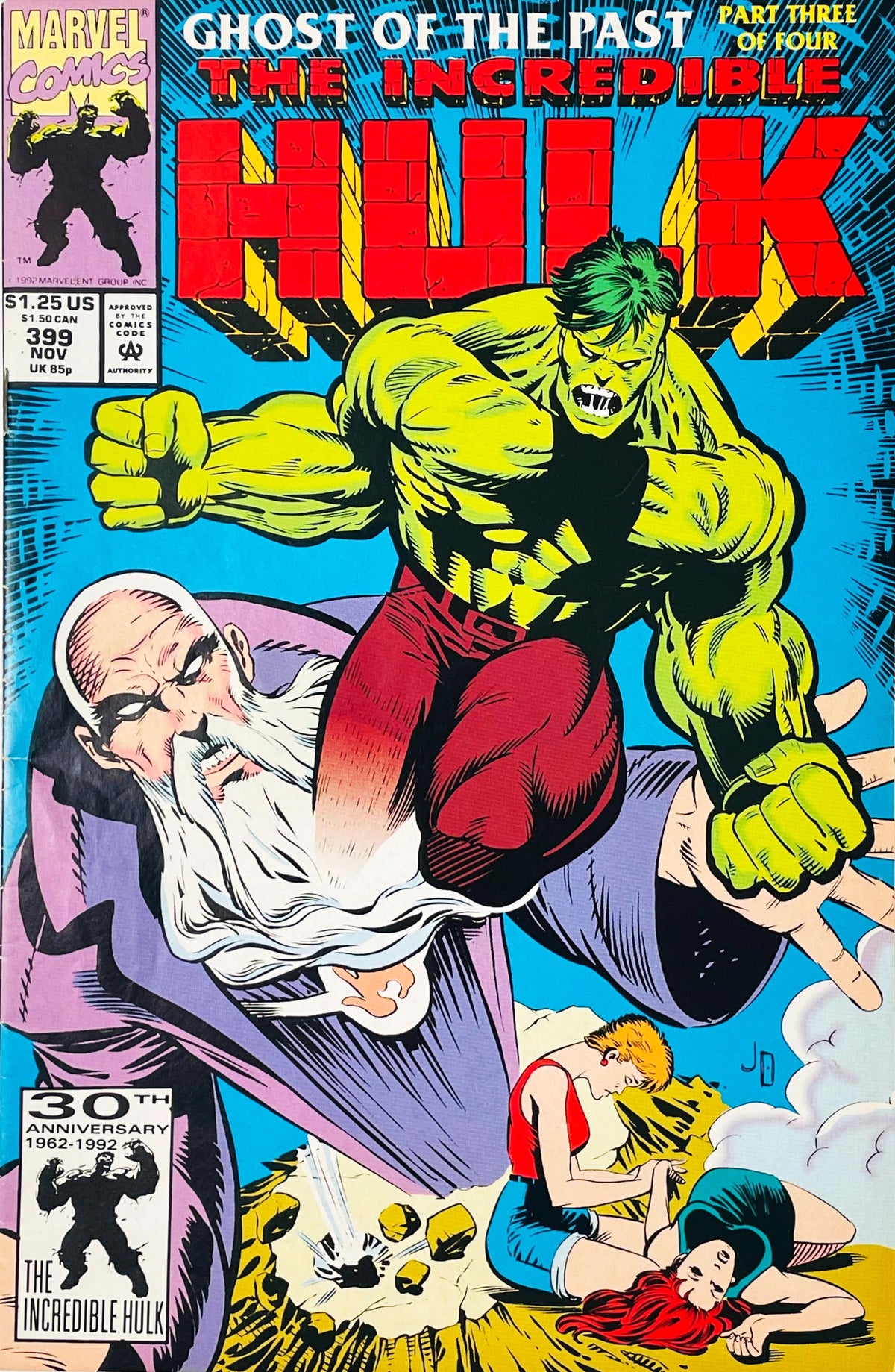 Smart Hulk leaping above a white-bearded sorcerer while Betty Ross tends to a woman on cover of The Incredible Hulk issue 399.