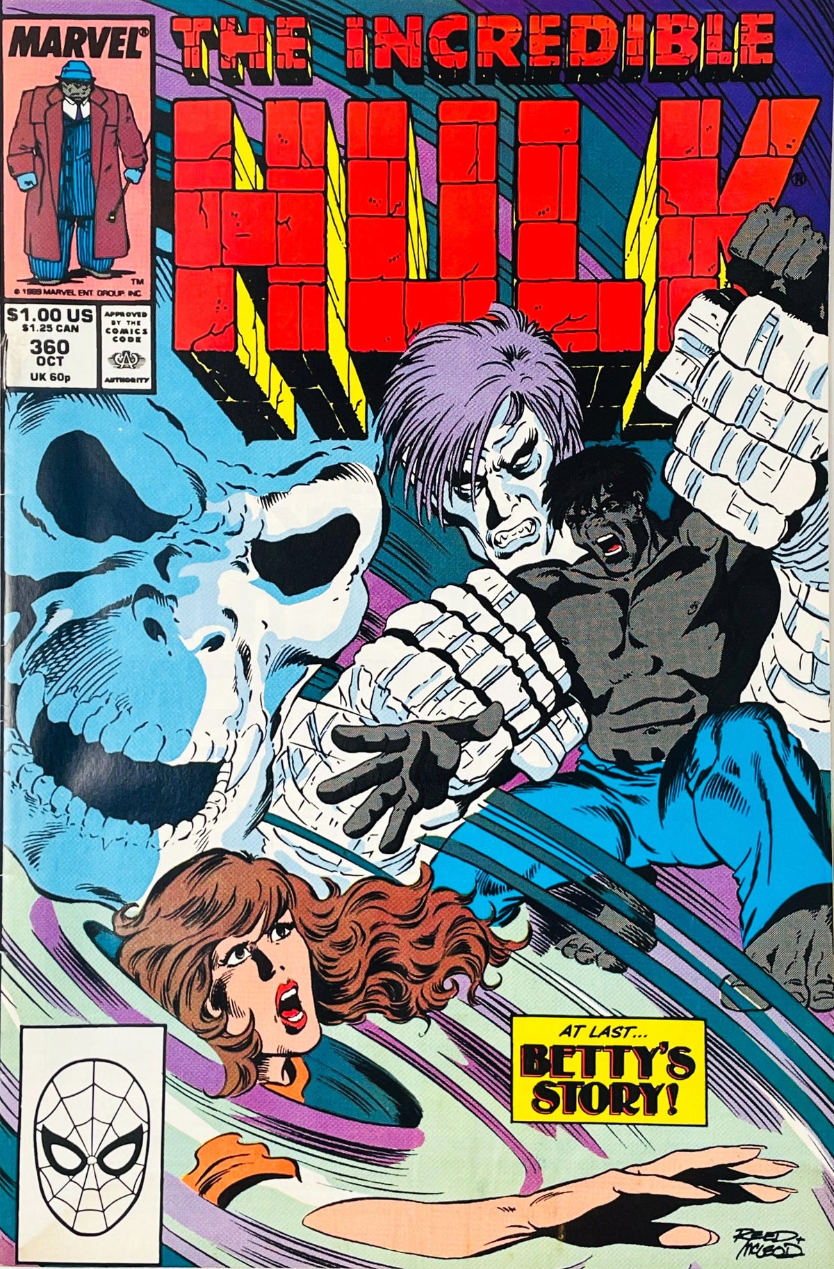 Grey Hulk battling Nightshade with a giant skull and Betty Ross on cover of issue 360.