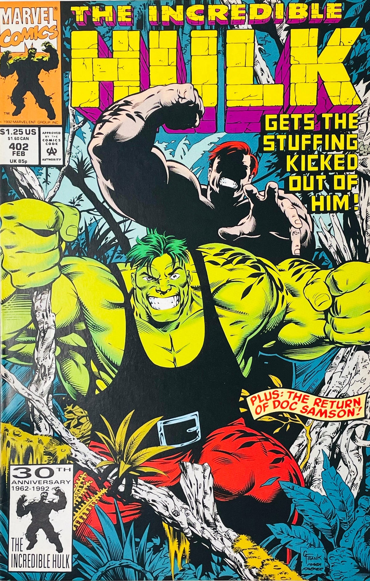 Smart Hulk flexing in black tank top with shadows of Doc Samson behind him on cover of The Incredible Hulk issue 402.