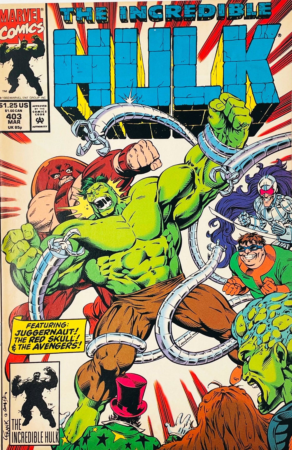 The Hulk breaking free from mechanical tentacles while being struck by Juggernaut on cover of The Incredible Hulk issue 403.