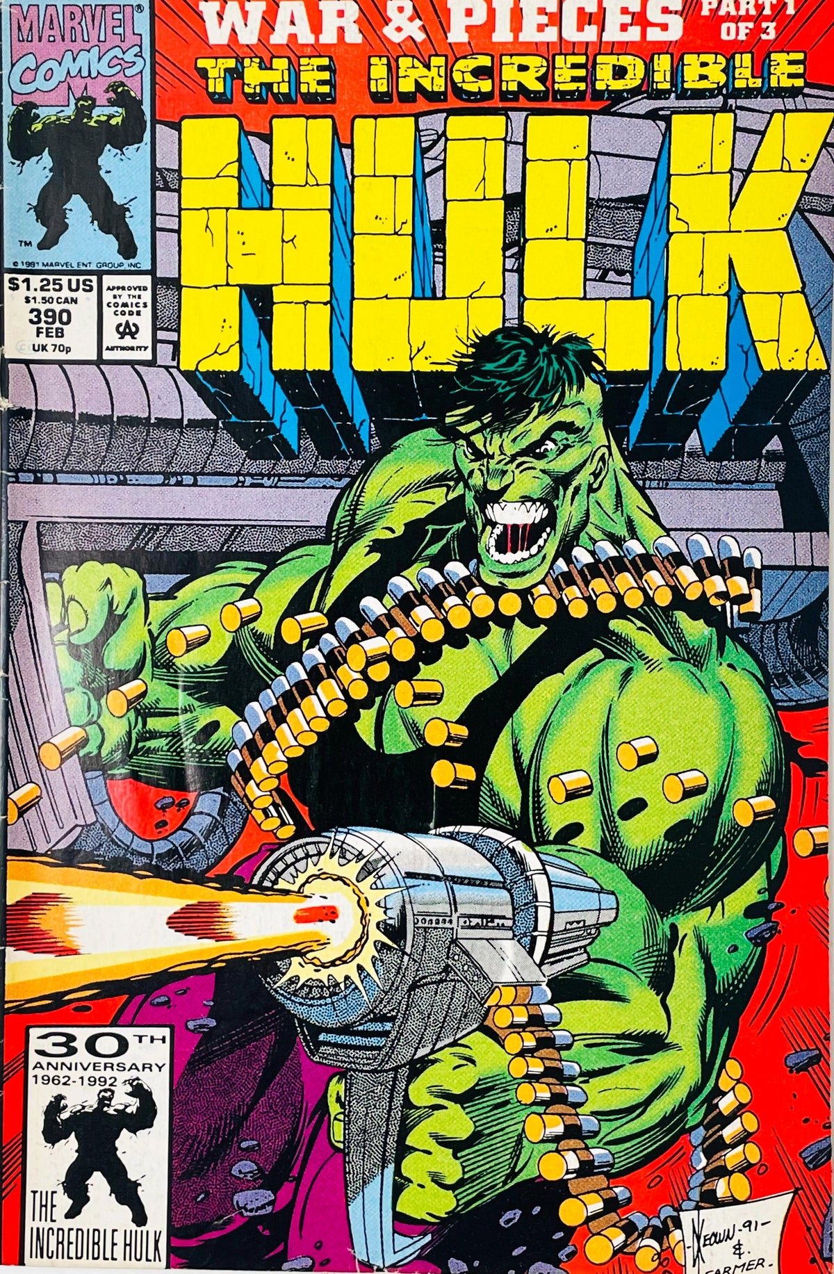 Smart Hulk draped in ammo belts firing a futuristic laser weapon on Dale Keown cover of issue 390.
