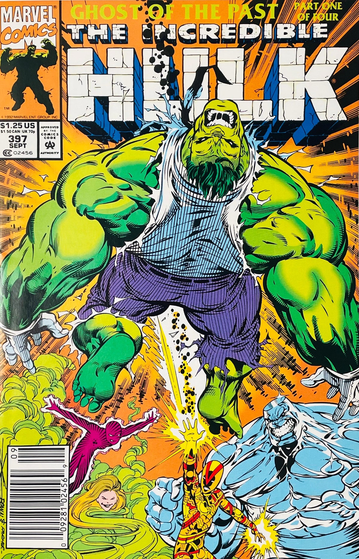 Bearded Smart Hulk leaping in mid air while the Pantheon heroes fight below him on Dale Keown cover of The Incredible Hulk issue 397.
