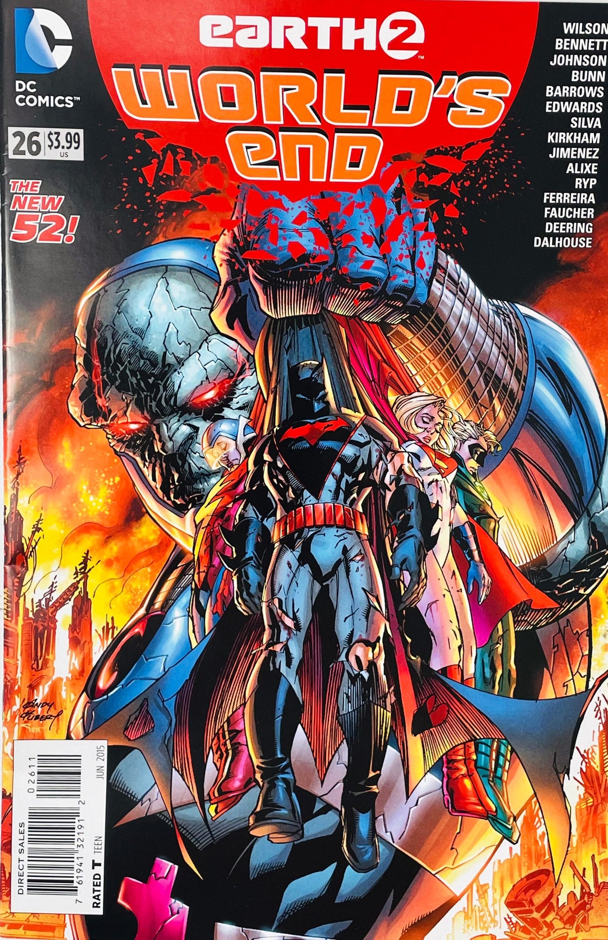 Darkseid holding Thomas Wayne Batman and Earth 2 heroes in his armored fist on Andy Kubert cover of Earth 2 World's End issue 26.