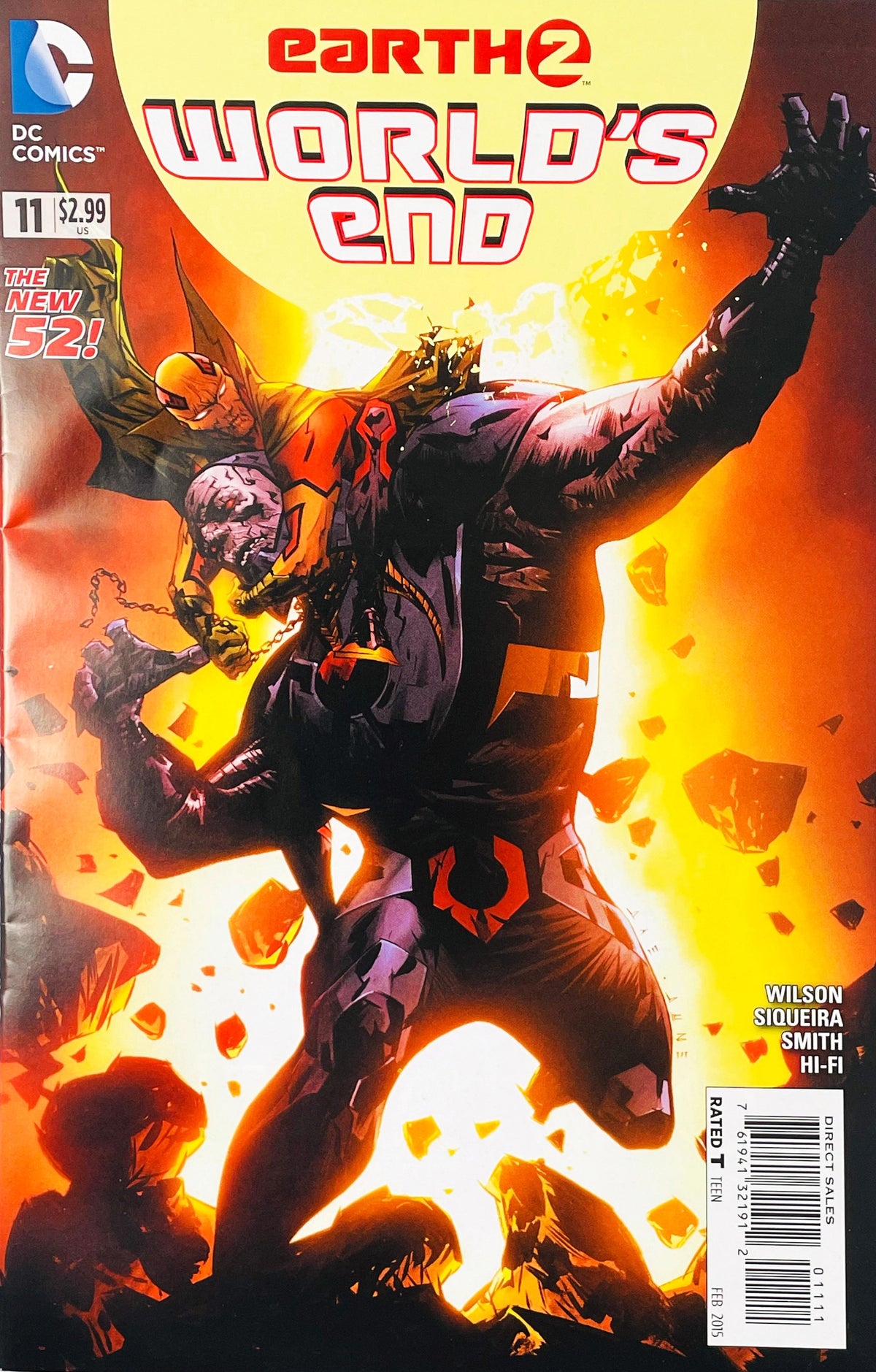 Mister Miracle locked in struggle against a massive armored brute against an exploding fiery background on cover of Earth 2 World's End issue 11.