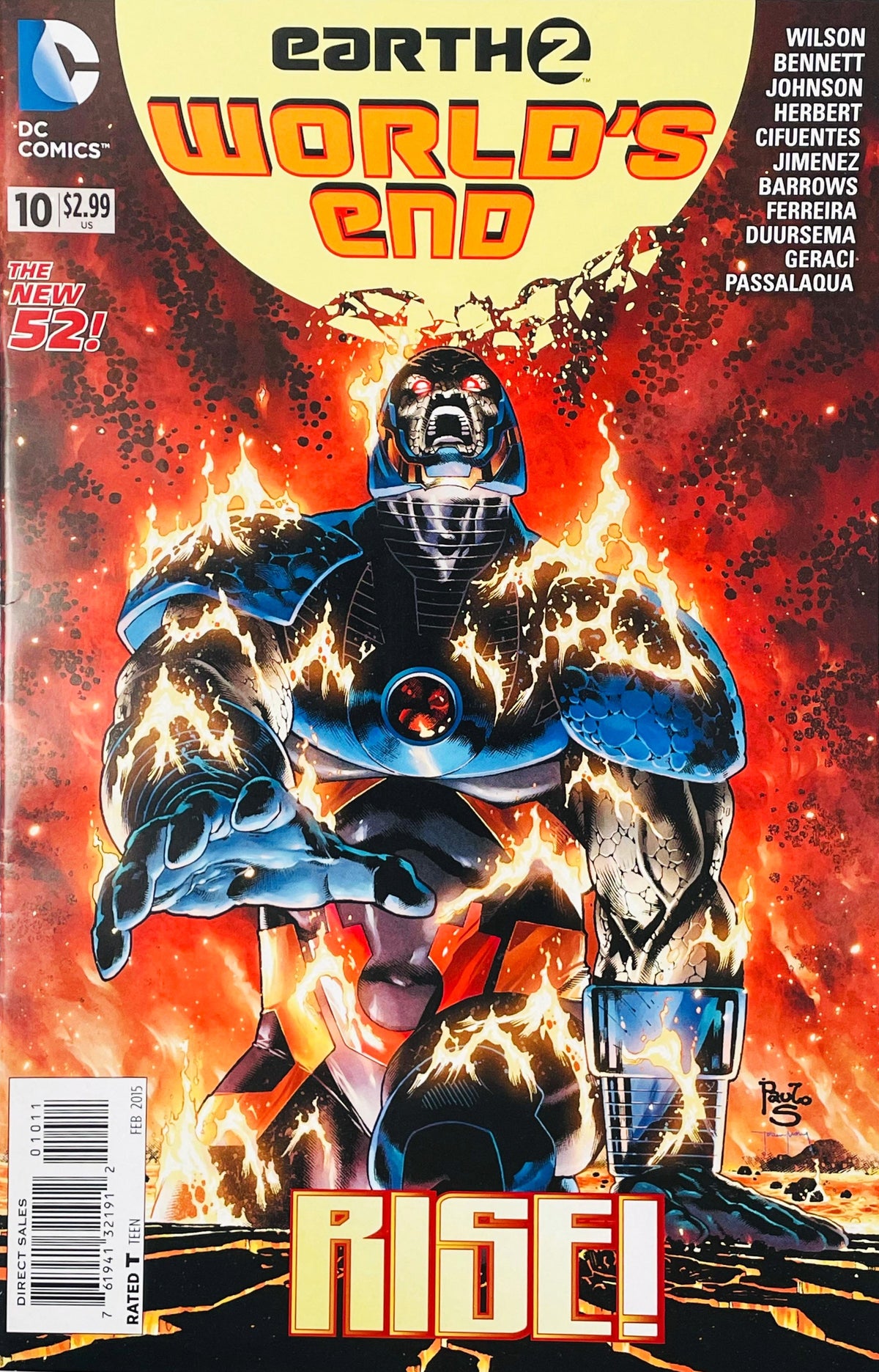Darkseid wreathed in flames reaching out menacingly on Paulo Siqueira cover of Earth 2 World's End issue 10.