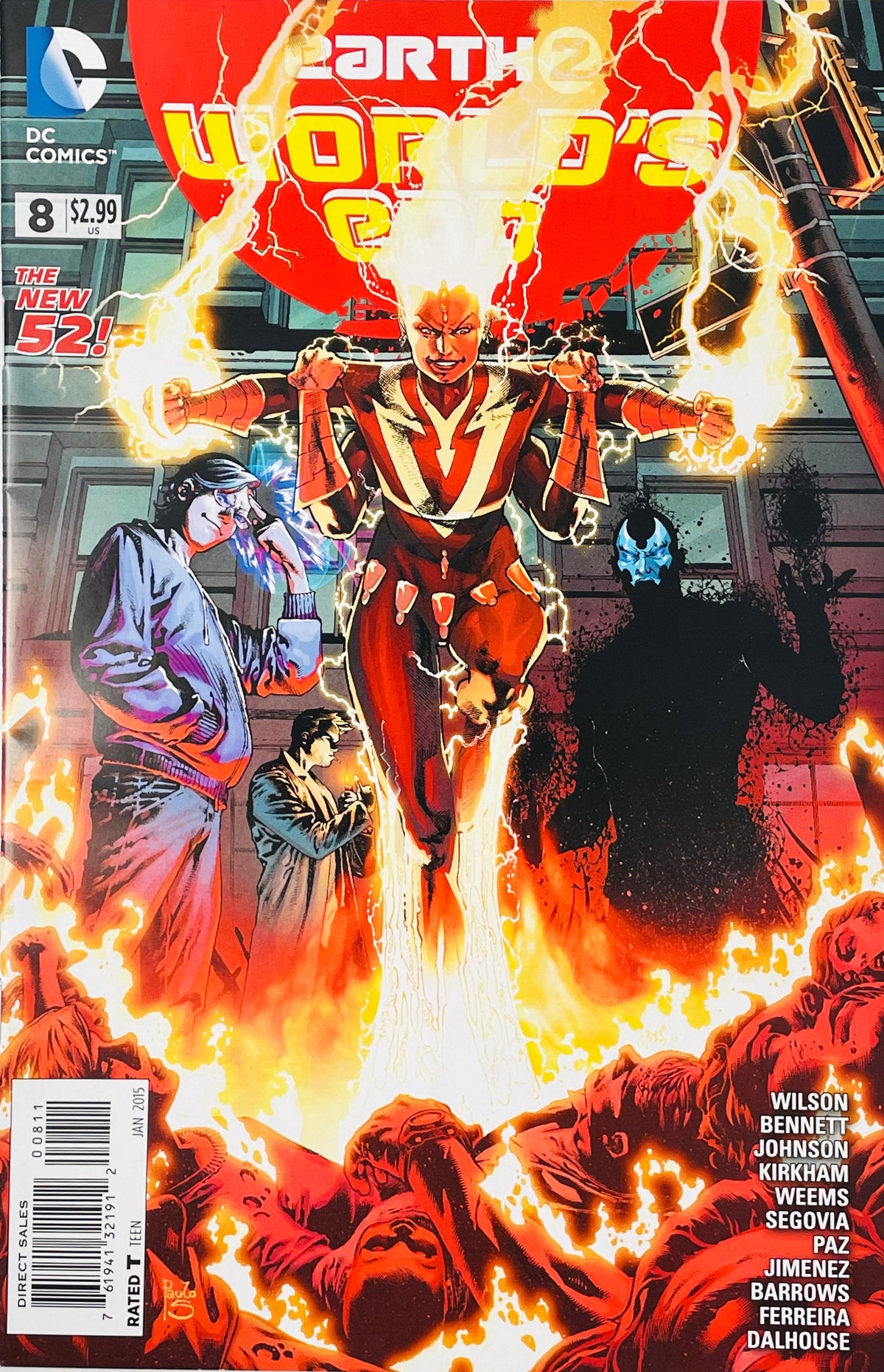Blazing character floating centrally with crackling flames and energy surrounded by supporting figures on cover of Earth 2 World's End issue 8.