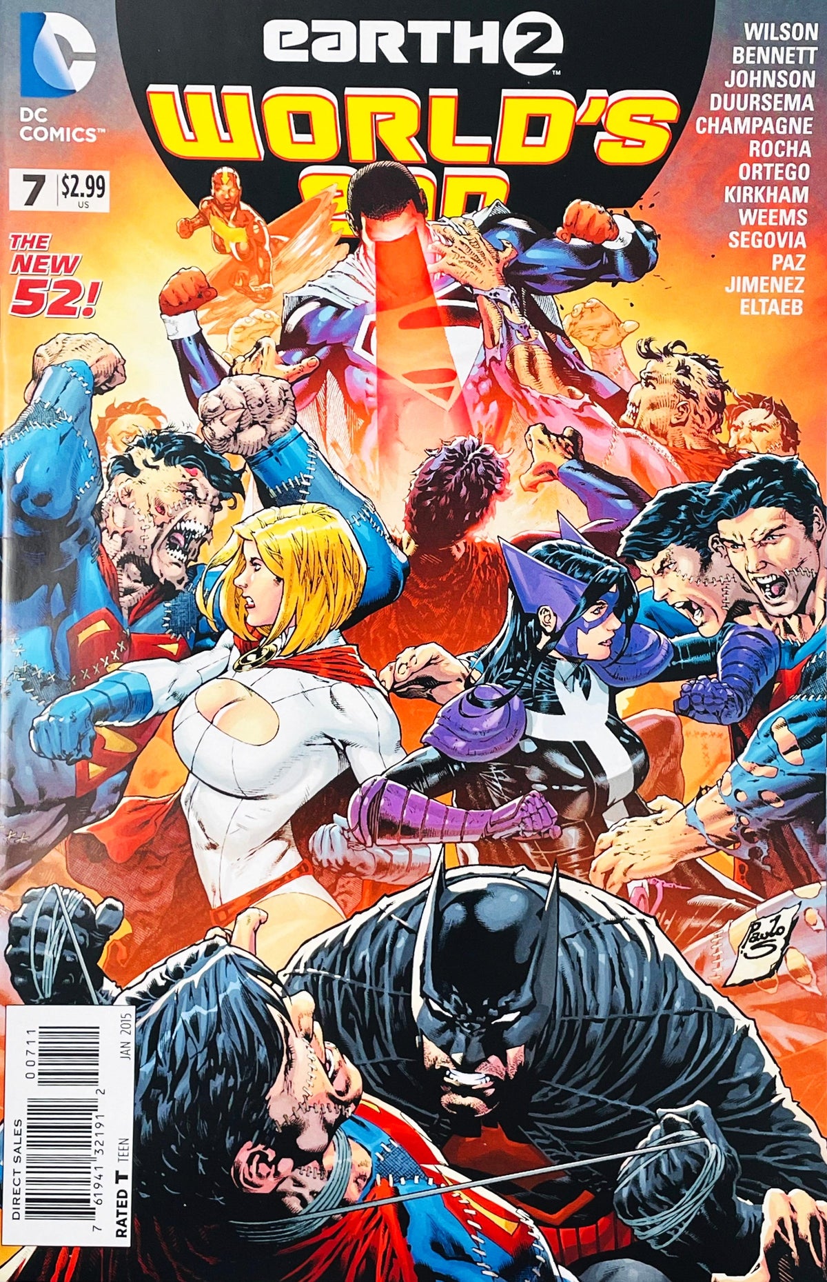Batman, Power Girl, Huntress, and Val-Zod fighting in a massive chaotic melee on cover of Earth 2 World's End issue 7.