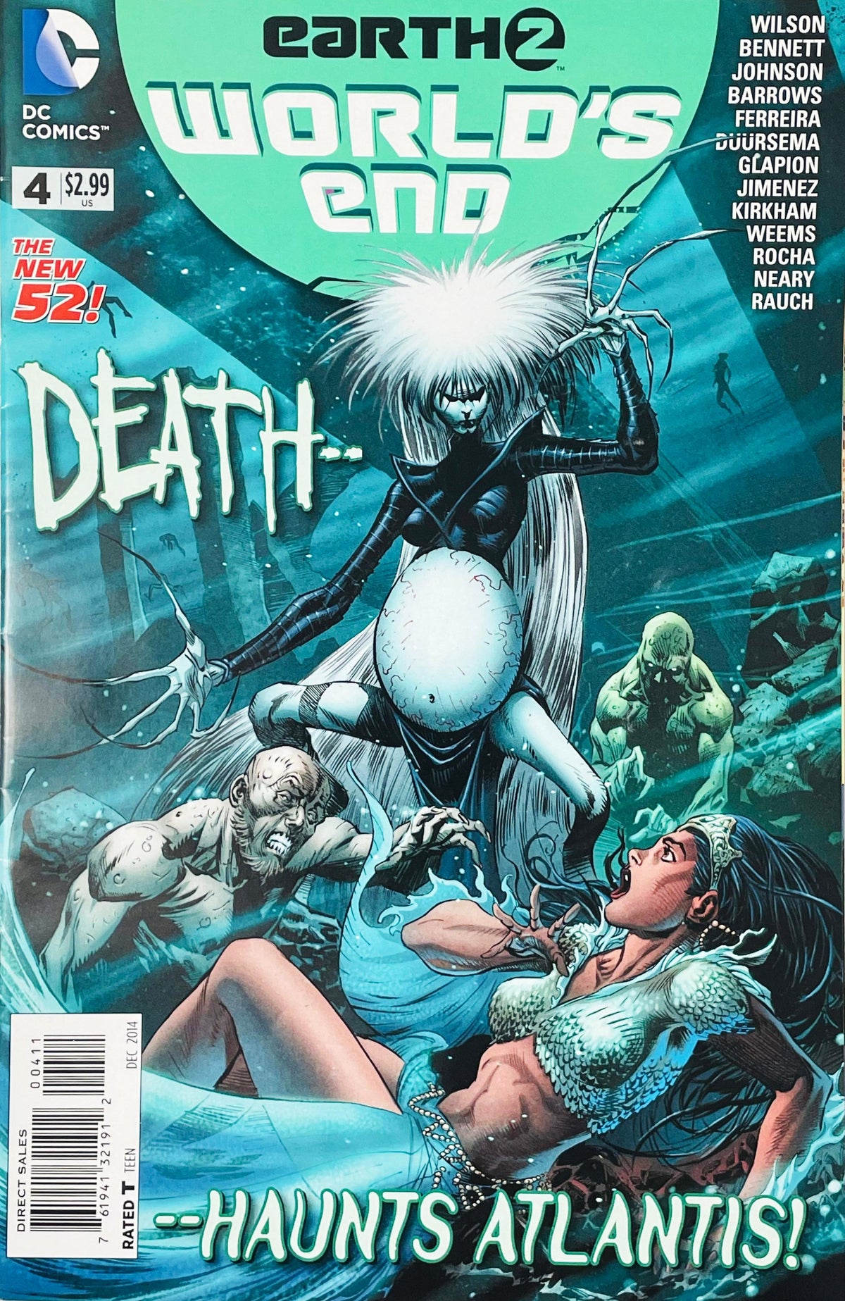 Pale entity of Death with long white hair and sharp claws hovering above struggling figures on cover of Earth 2 World's End issue 4.