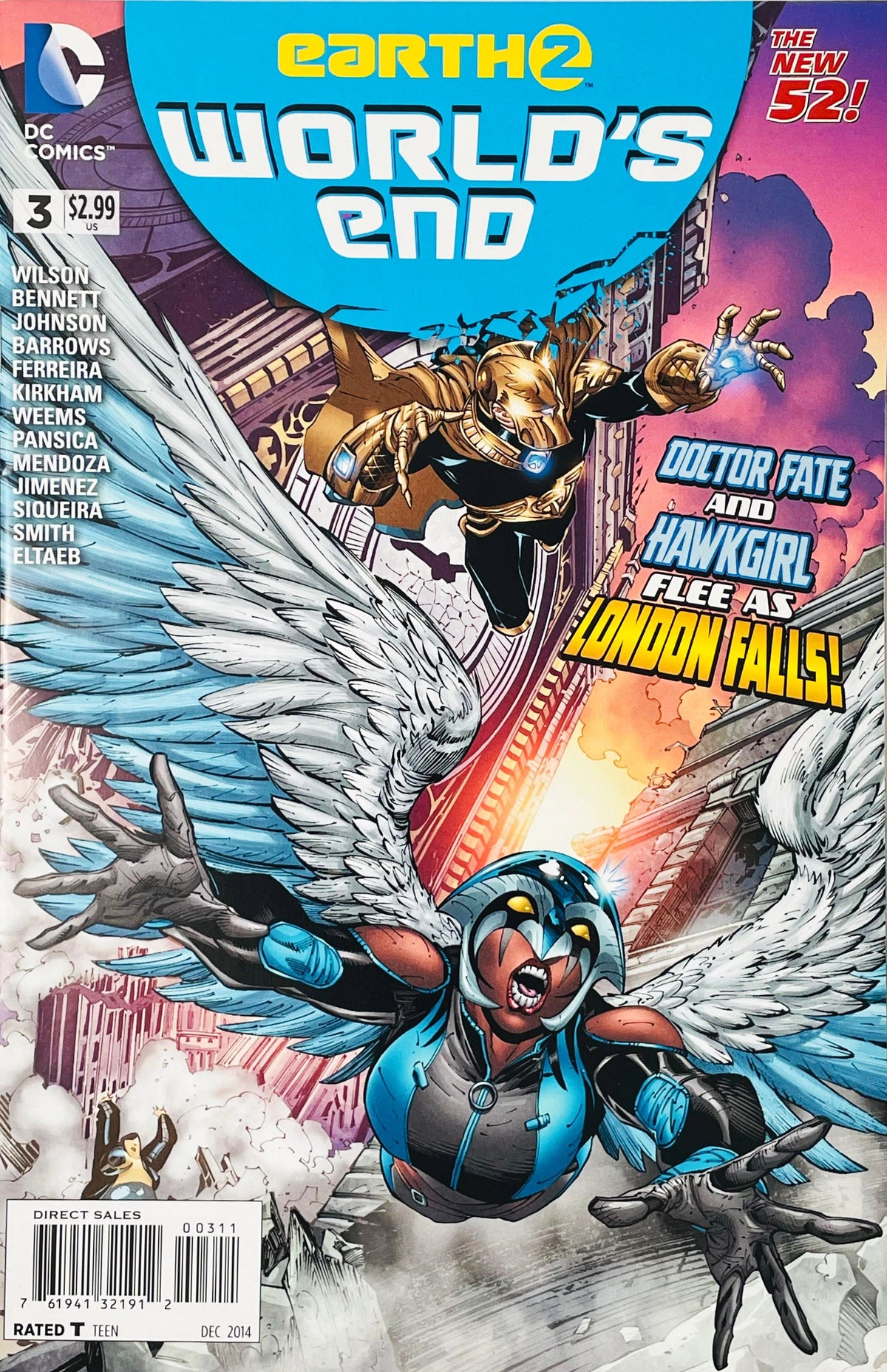 Doctor Fate flying and Hawkgirl plunging downwards with large white wings as London falls on cover of Earth 2 World's End issue 3.