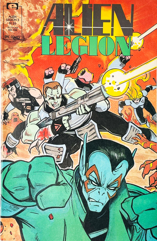 Alien Legion members engaged in an explosive frontline battlefield firefight against a fiery background on the cover of issue 3 illustrated by Larry Stroman.
