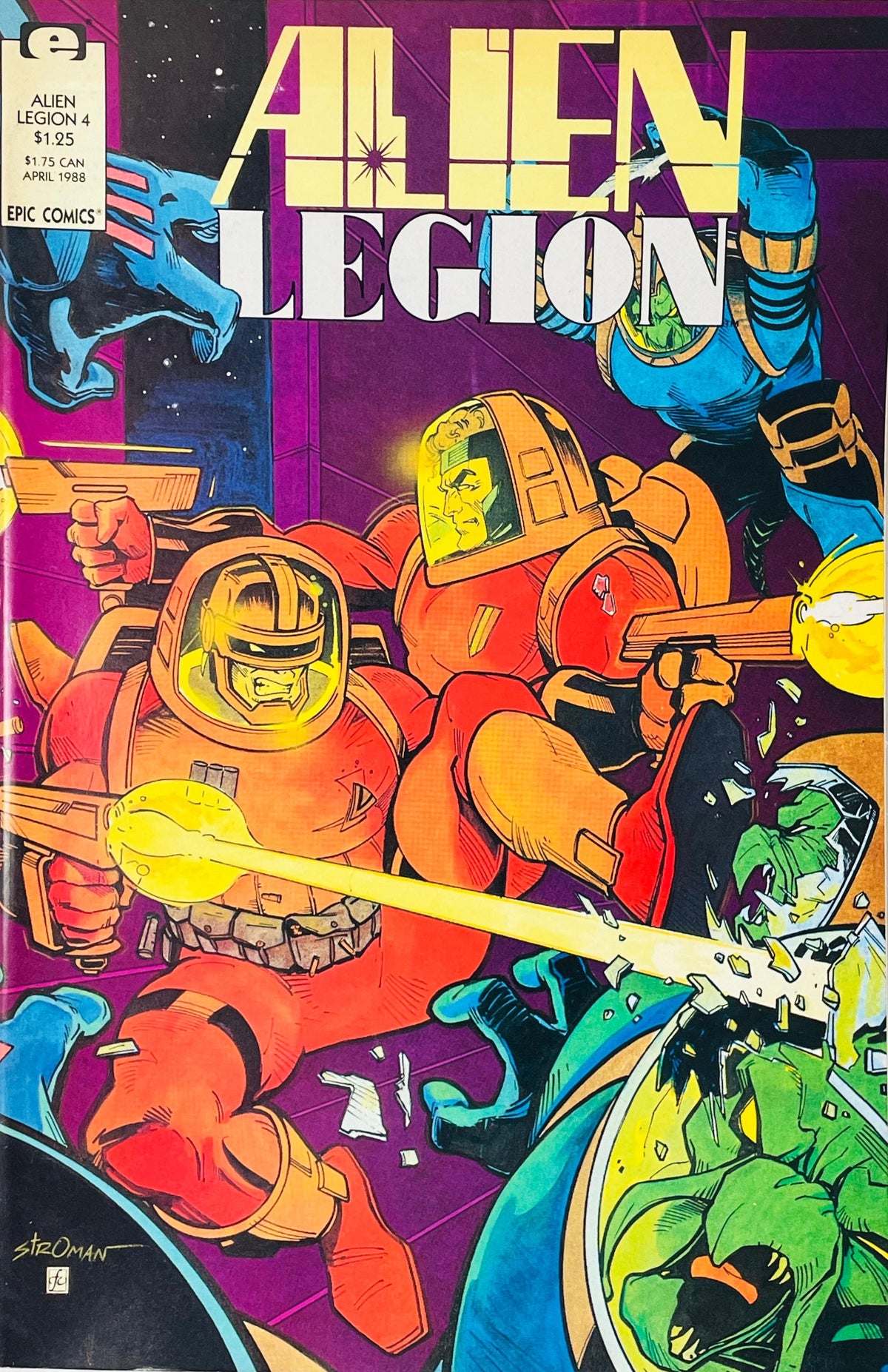 Alien Legion soldiers in red spacesuits firing energy weapons during a zero-gravity space battle on the cover of issue 4 illustrated by Larry Stroman.
