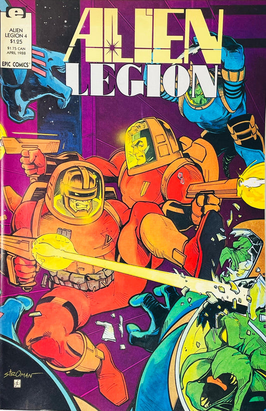 Alien Legion soldiers in red spacesuits firing energy weapons during a zero-gravity space battle on the cover of issue 4 illustrated by Larry Stroman.