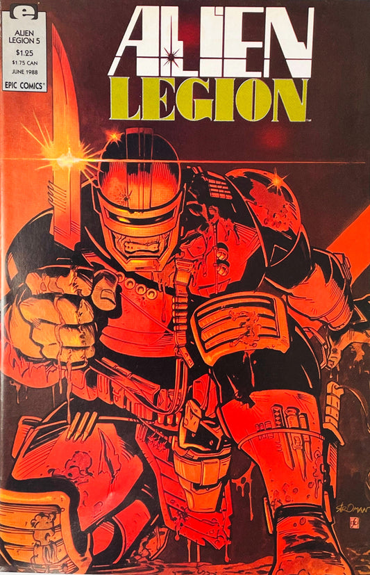 Heavily armored Alien Legion soldier wielding a glowing knife against a striking crimson-red background on the cover of issue 5 illustrated by Larry Stroman.
