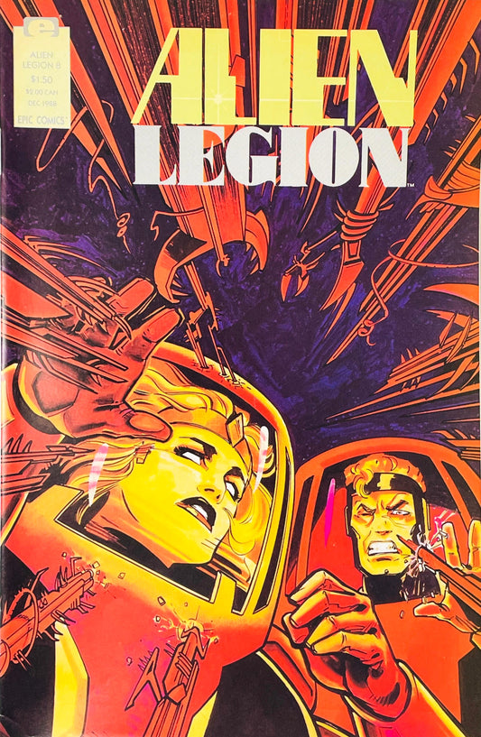 Alien Legion members in helmeted gear reacting amid an intense fiery orange and dark purple battle sequence on the cover of issue 8.