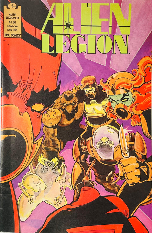 A squad of diverse Alien Legion soldiers arrayed together in a tense stance against a vibrant purple and orange background on the cover of issue 11.