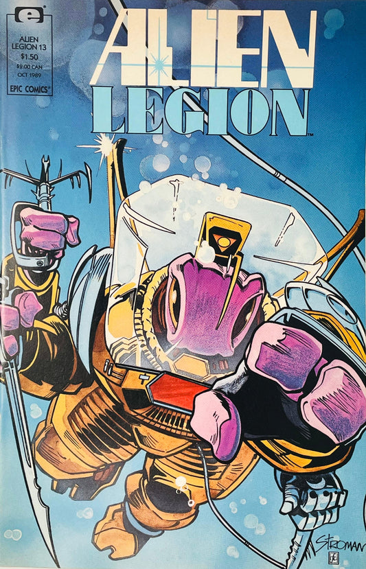 Alien Legion soldier in a yellow hazard suit with a bubble helmet floating dynamically against a light blue aquatic background on the cover of issue 13 illustrated by Larry Stroman.