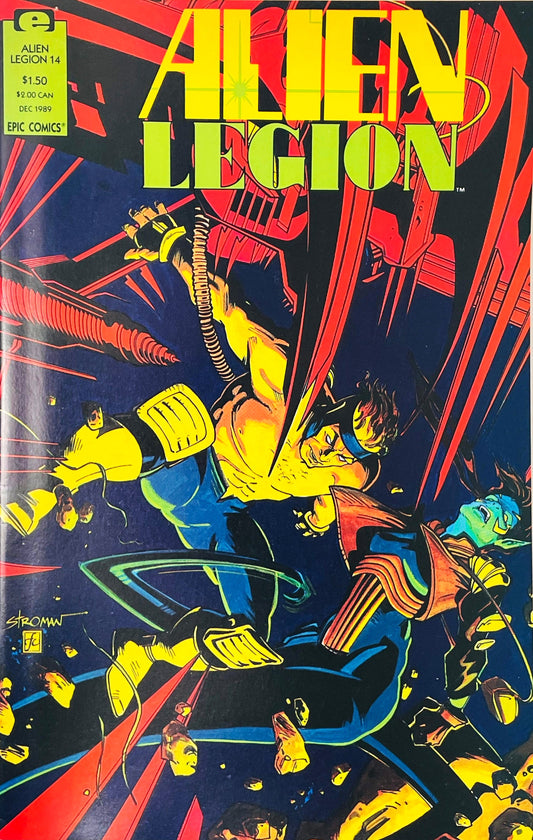 Alien Legion soldiers engaged in a dynamic action sequence against a dark background with sharp red highlights on the cover of issue 14 illustrated by Larry Stroman.