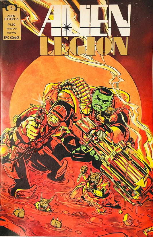 Heavily armed Alien Legion soldiers wading through a muddy crimson swamp and firing weapons against a glowing orange sun on the cover of issue 15 illustrated by Larry Stroman.