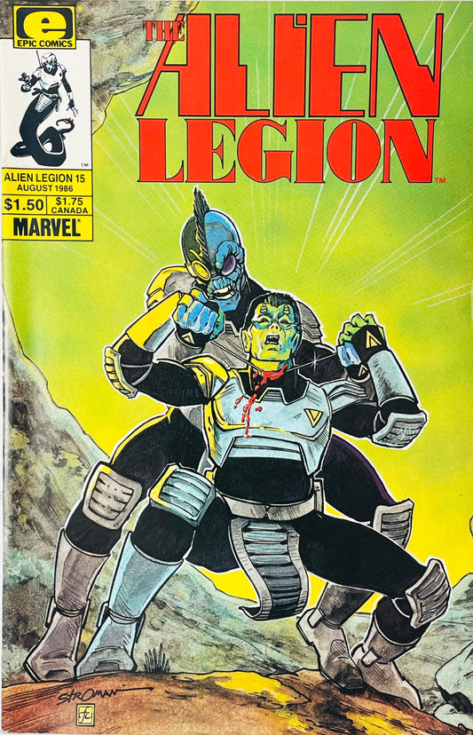 Blue-skinned alien soldier putting another soldier in a chokehold on the cover of issue 15 illustrated by Larry Stroman.