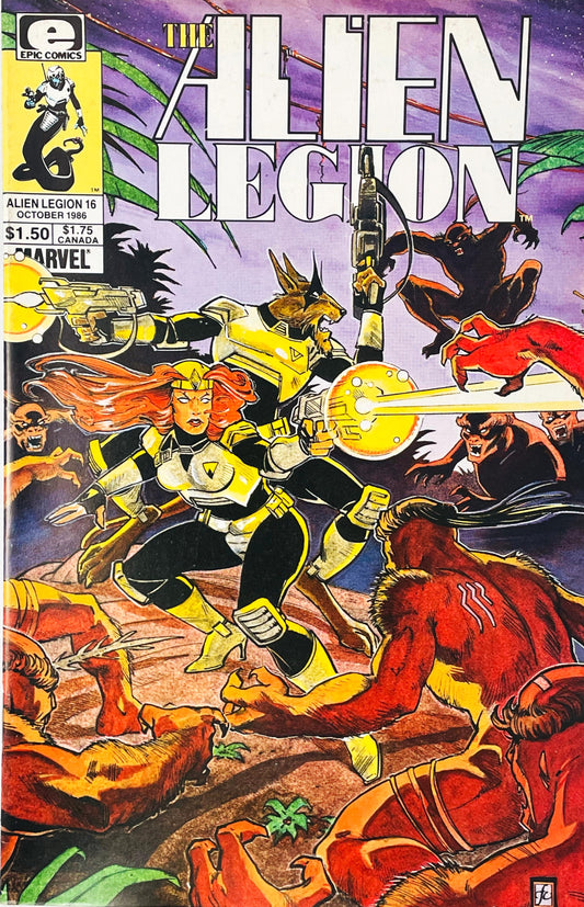 Alien Legion soldiers firing energy blasters in a fierce battle against reddish-orange monstrous adversaries on the cover of issue 16.