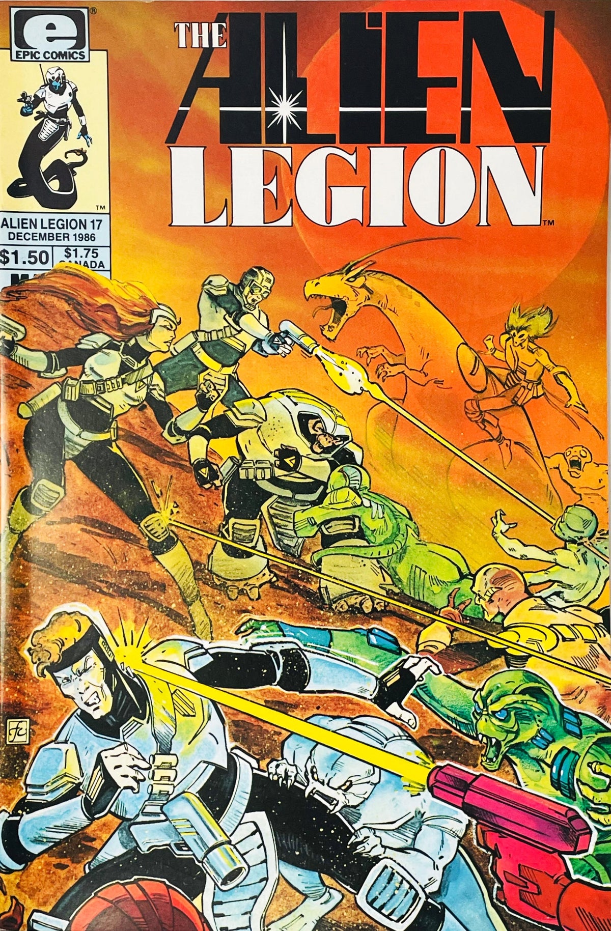 Alien Legion soldiers fighting in a massive chaotic battle against alien creatures across an orange-toned landscape on the cover of issue 17.