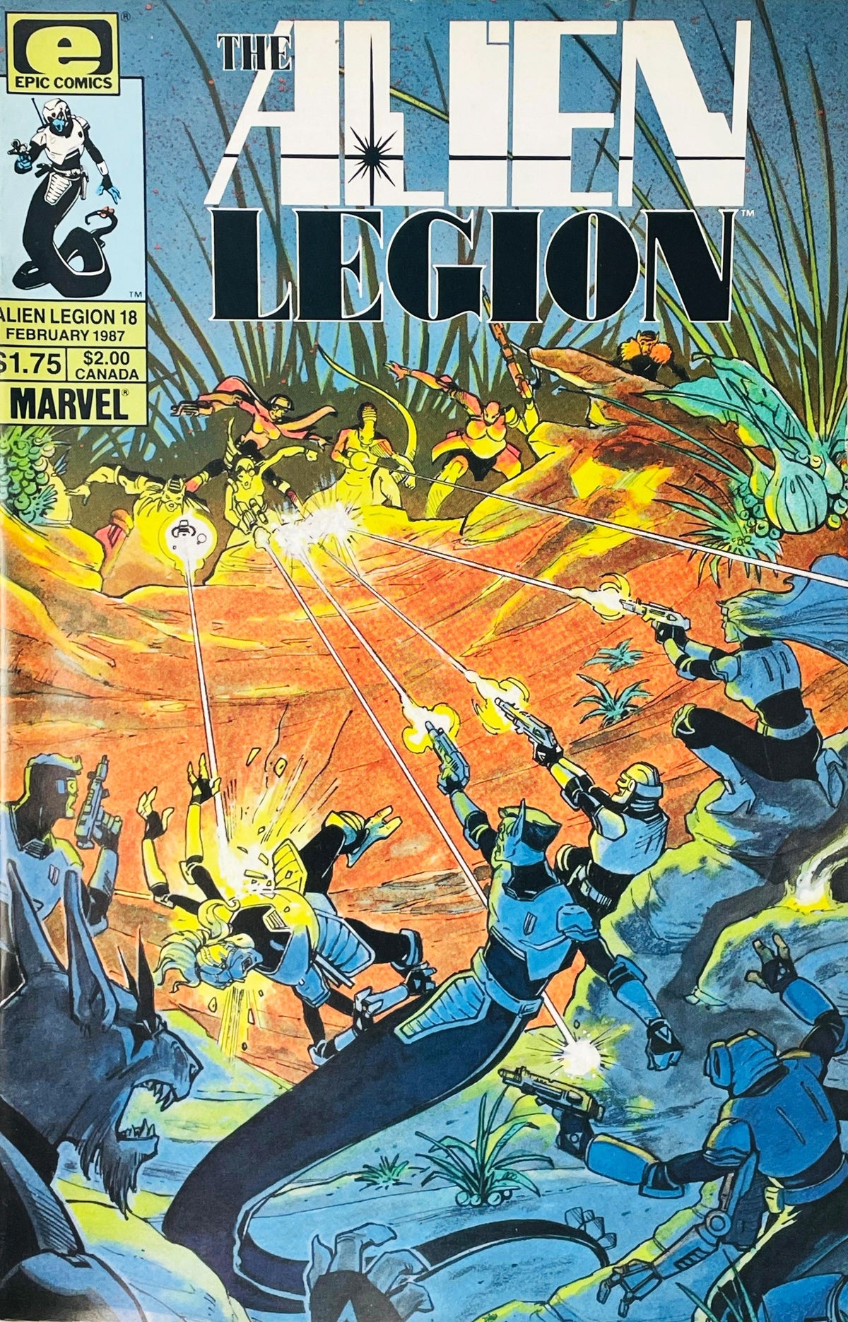 Alien Legion soldiers firing energy weapons in an intense firefight across an alien rocky landscape on the cover of issue 18.
