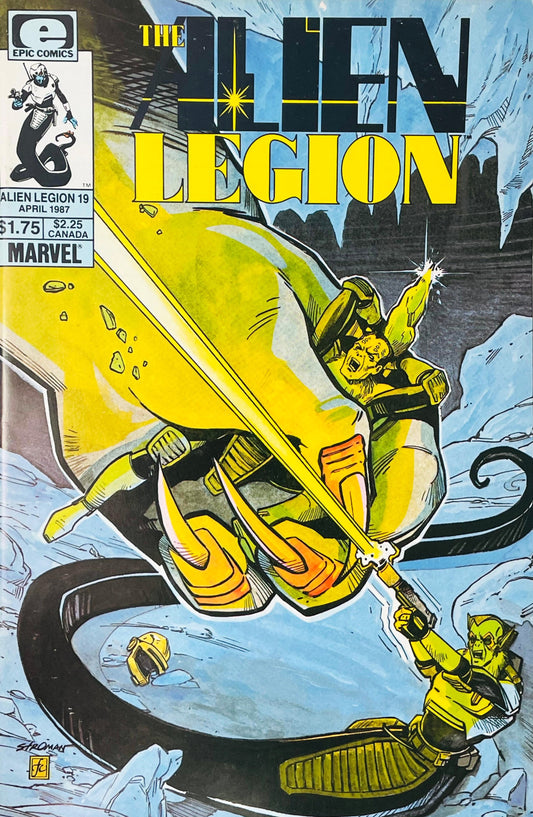 Alien Legion soldiers in dynamic action against an icy background on the cover of issue 19 illustrated by Larry Stroman.