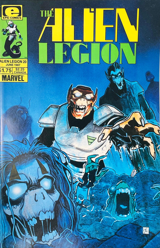 Extraterrestrial soldiers of the Alien Legion wading through a blue-toned murky trench on the cover of issue 20.