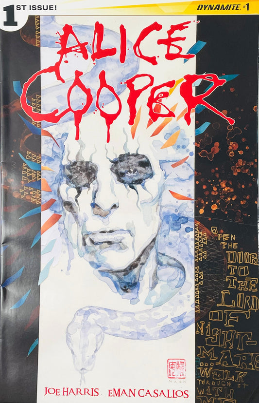 Abstract painted portrait of Alice Cooper with watercolor blue tones, stage makeup, and a snake coiling below on the cover of issue #1.