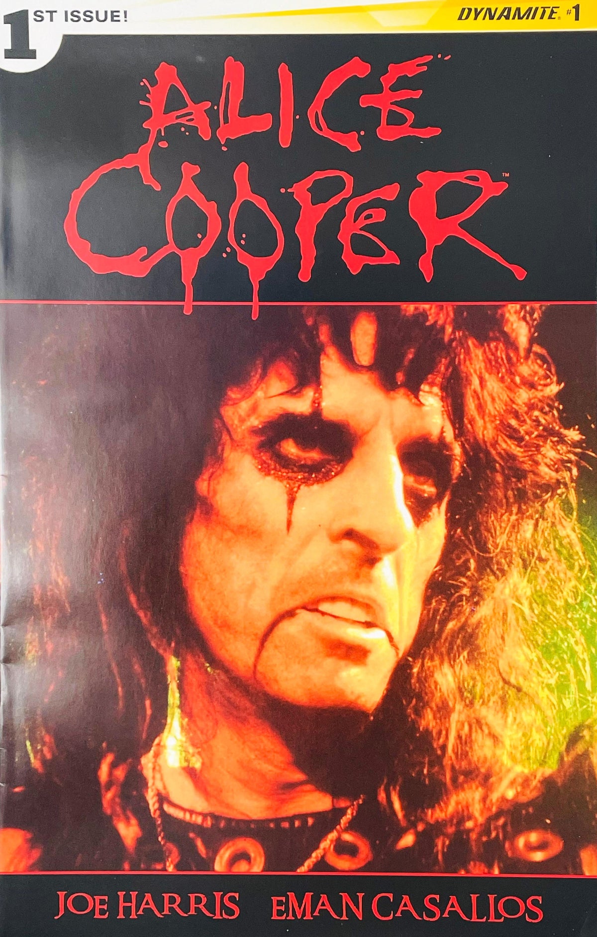 Close-up photographic portrait of shock rocker Alice Cooper with iconic stage makeup on the cover of issue #1.