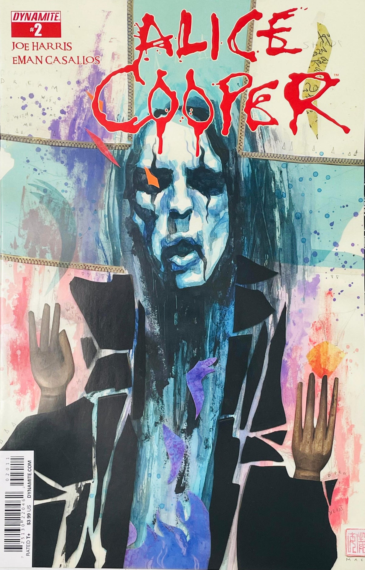 Abstract painted portrait of Alice Cooper with stage makeup against a multi-colored collage background holding up hands on the cover of issue #2.