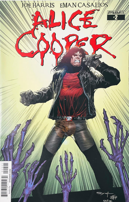 Alice Cooper performing with a microphone on stage while purple skeletal hands reach up from the bottom against a yellow background on the cover of issue #2.