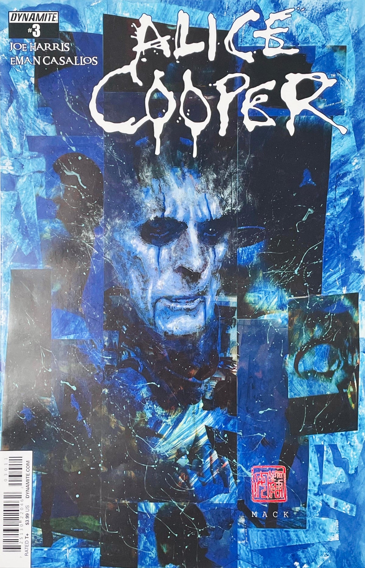 Abstract painted portrait of Alice Cooper rendered in striking blue tones on the cover of issue #3.