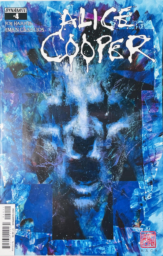 Abstract painted portrait of Alice Cooper rendered in deep shades of blue and purple on the cover of issue #4.