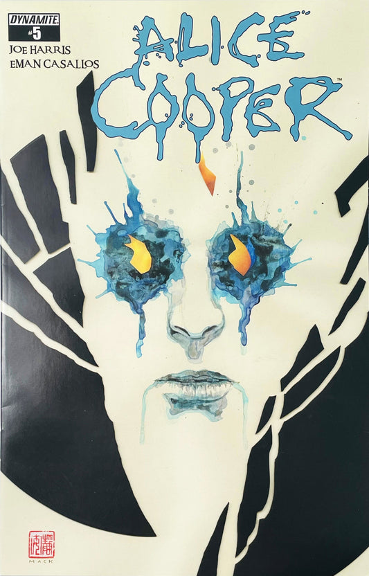 Abstract artistic portrait of Alice Cooper featuring blue watercolor paint splatters over the eyes against a pale background on the cover of issue #5.