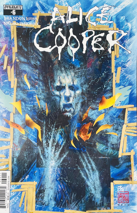 Alice Cooper with iconic stage makeup framed by a striking blue and yellow collaged abstract design on the cover of issue #6.