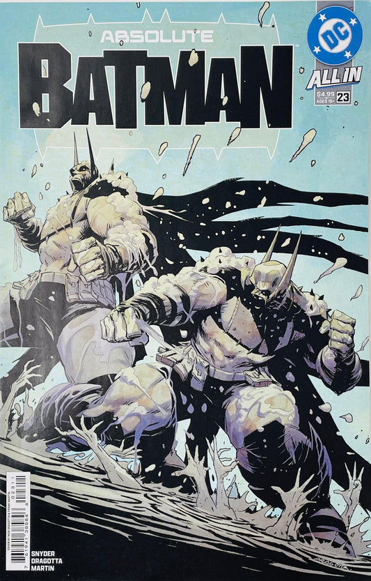 Absolute Batman #23 Nick Dragotta main cover featuring two versions of Batman surrounded by falling debris and splashing water